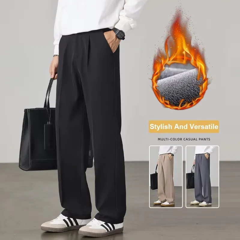

High Quality Winter Fleece Warm Suit Pants Men Business Elastic Waist Classic Korean Formal Straight Flocking Work Trousers Male
