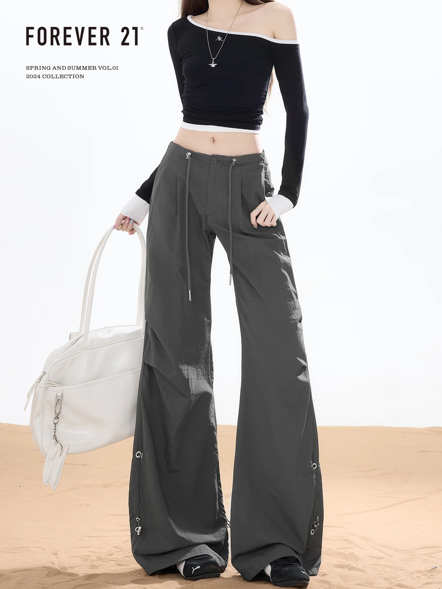 Forever 21 American Style Low Waist Workwear Casual Pants Women's Retro Grey Drape Loose Wide Leg Paratrooper Pants