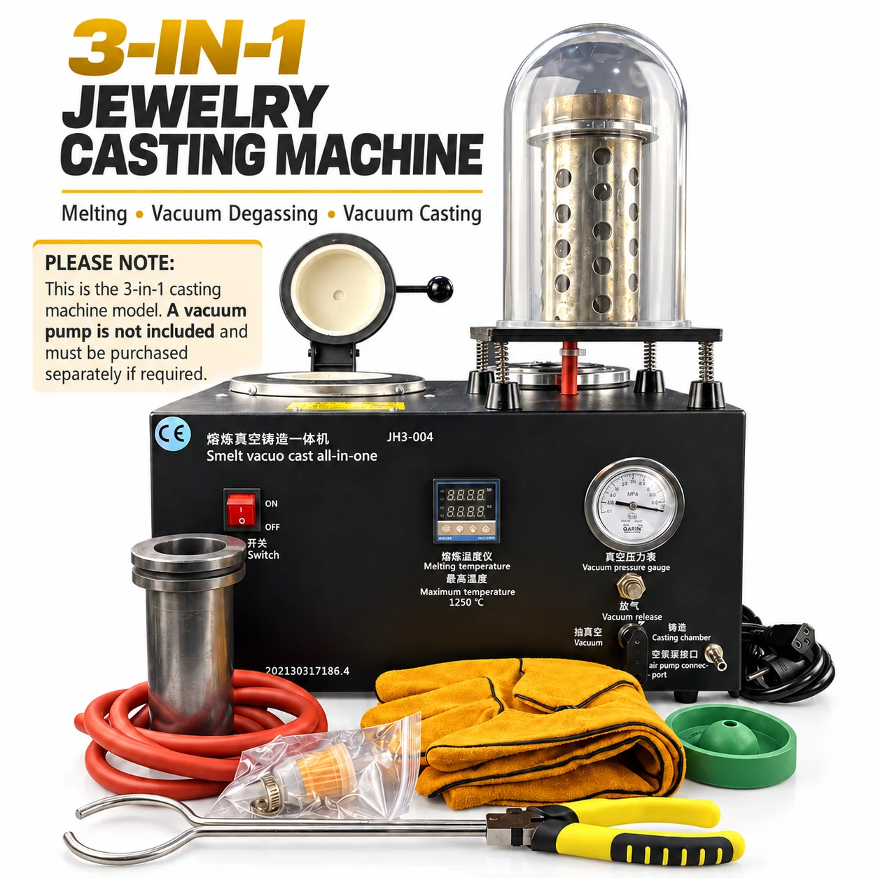 2L Small Vacuum Jewelry Casting Machine 2KG Gold Melting Furnace for Gold Silver Jewelry Making Machine Metal Smelting & Casting Kit Digital Display 1150℃  3-in-1 Jewelry Casting Furnace