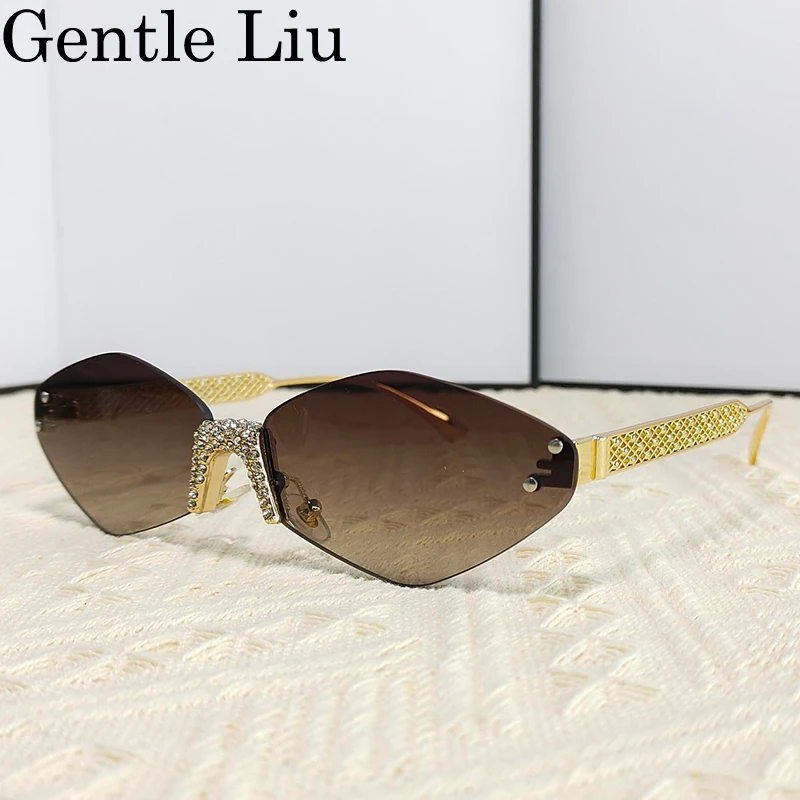 Lunettes de soleil hexagonales sans monture pour femmes, lunettes de soleil punk polygonales, nuances de mode, petit cadre, marque de luxe, 2024