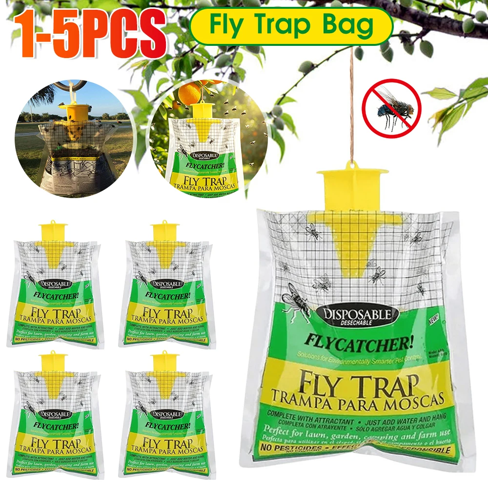 1-5PCS Hanging Fly Trap Bag with Fly Bait Disposable Flies Trap Flies Catcher Bag Non-Toxic Mosquito Fly Wasp Insect Bug Killer