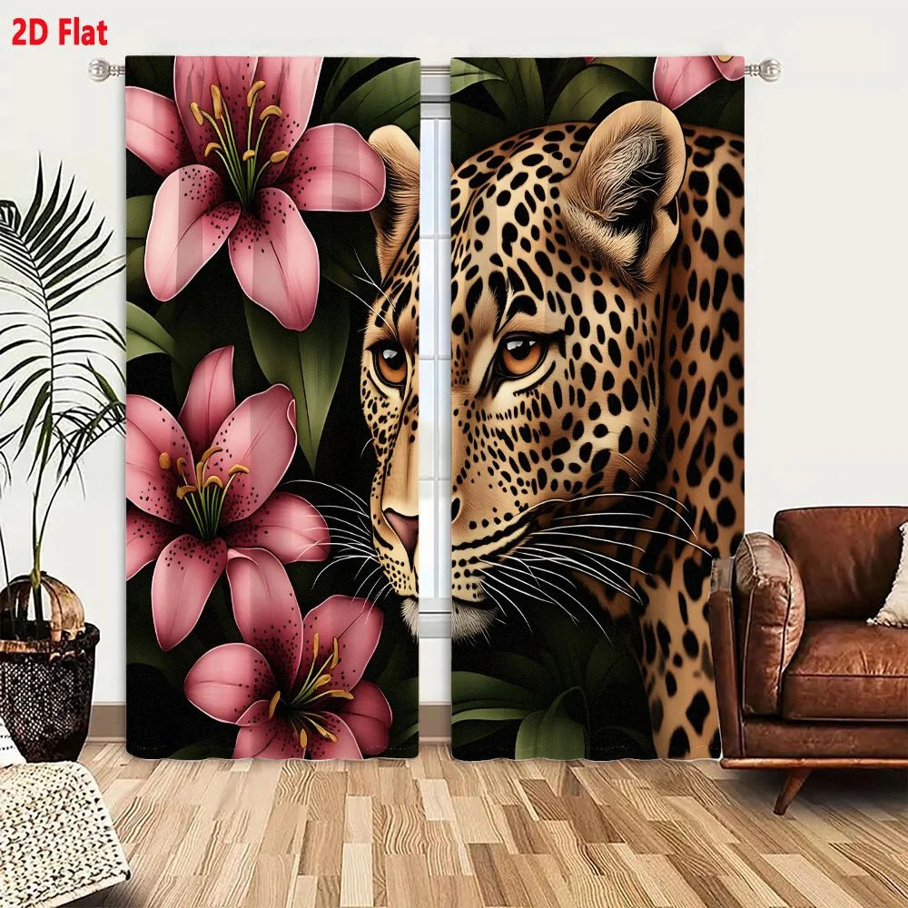 2Pcs Curtains Leopard Head And Upper Shoulders With Pink Lilies Window Drapes for Bedroom Room Decor Decoration Window Treatment