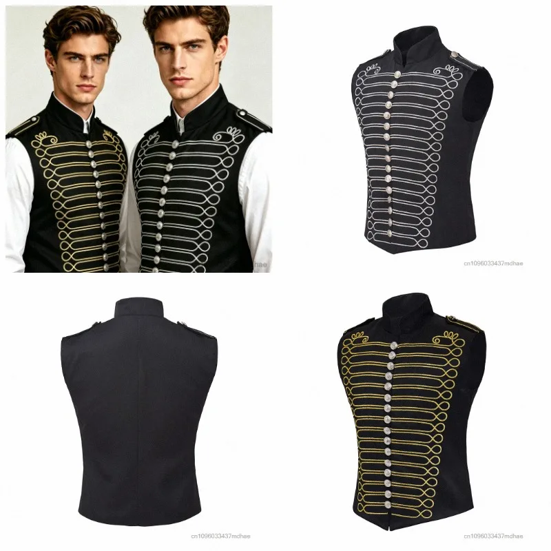 

Men's Victorian Embroidery Vest Gothic Black Sleeveless Stand Collar Waistcoat with Silver Buttons Retro Style for Party Cosplay