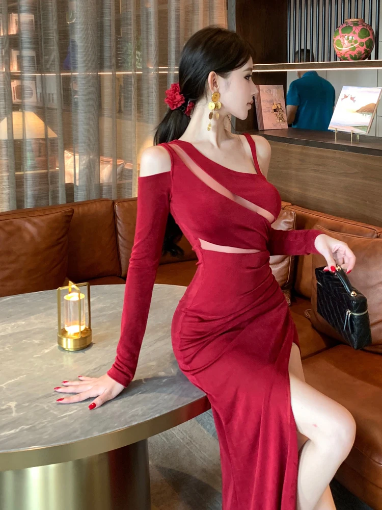 فستان نسائي أنيق من Foamlina ذو منظور شبكي بدون أكتاف للحفلات المسائية وأكمام طويلة وخصر نحيف مكشكش وفتحة عالية فستان مثير #3