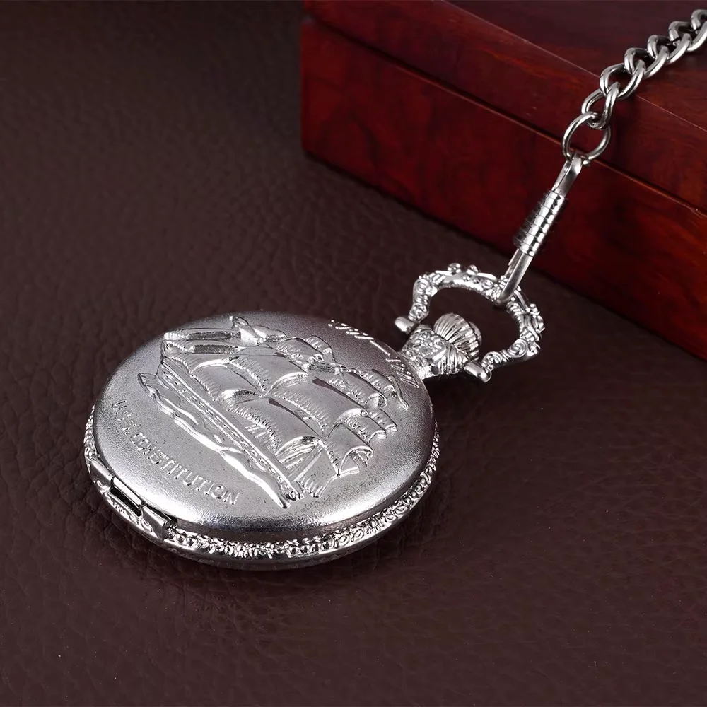 Large thick chain silver shell relief galleon sailing implied flip pocket watch quartz watch hang watch