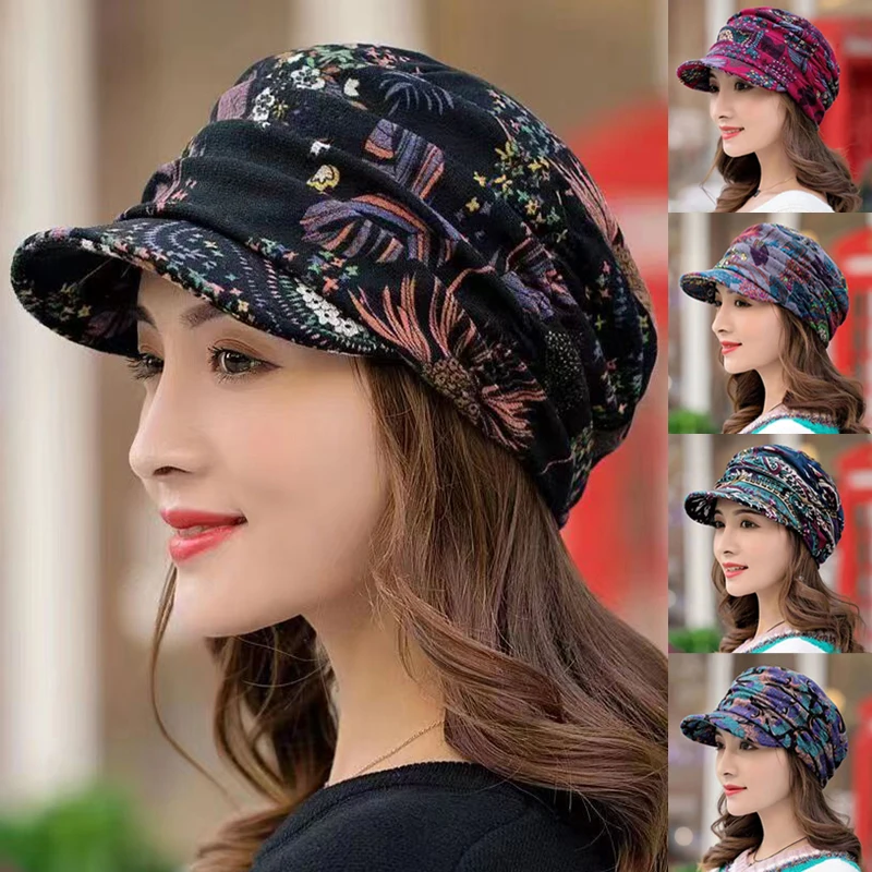 5 Colors Short Wide Brim Floral Print Earflap Hat Ethnic Windproof Foldable Warm Women Autumn Winter Outdoor Daily Cap Free Size