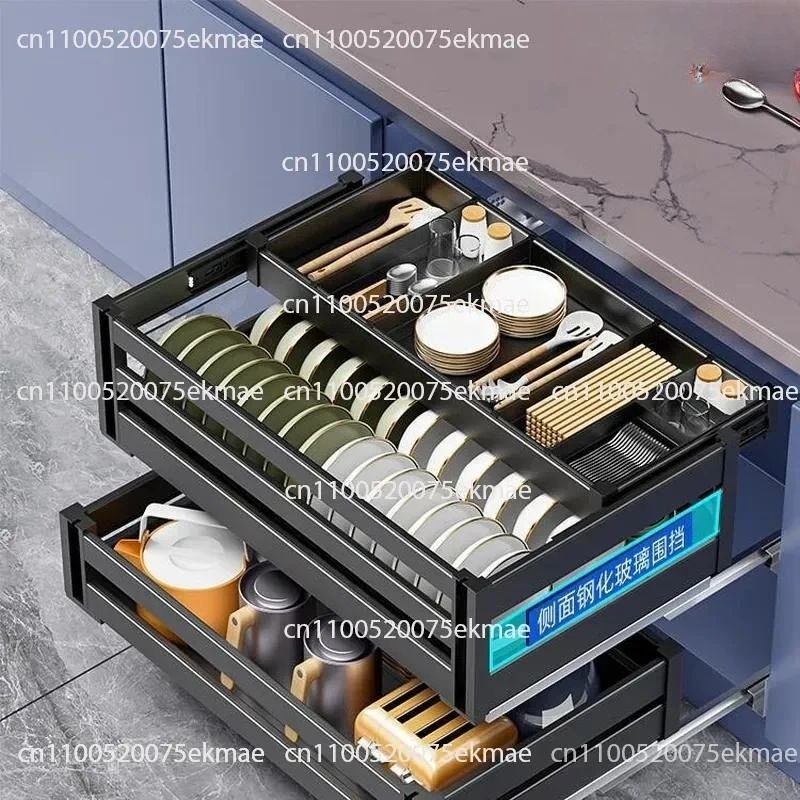 Durab Aluminum Alloy Dishes Basket Kitchen Cabinet Double Drawer Type Built-in Seasoning Basket