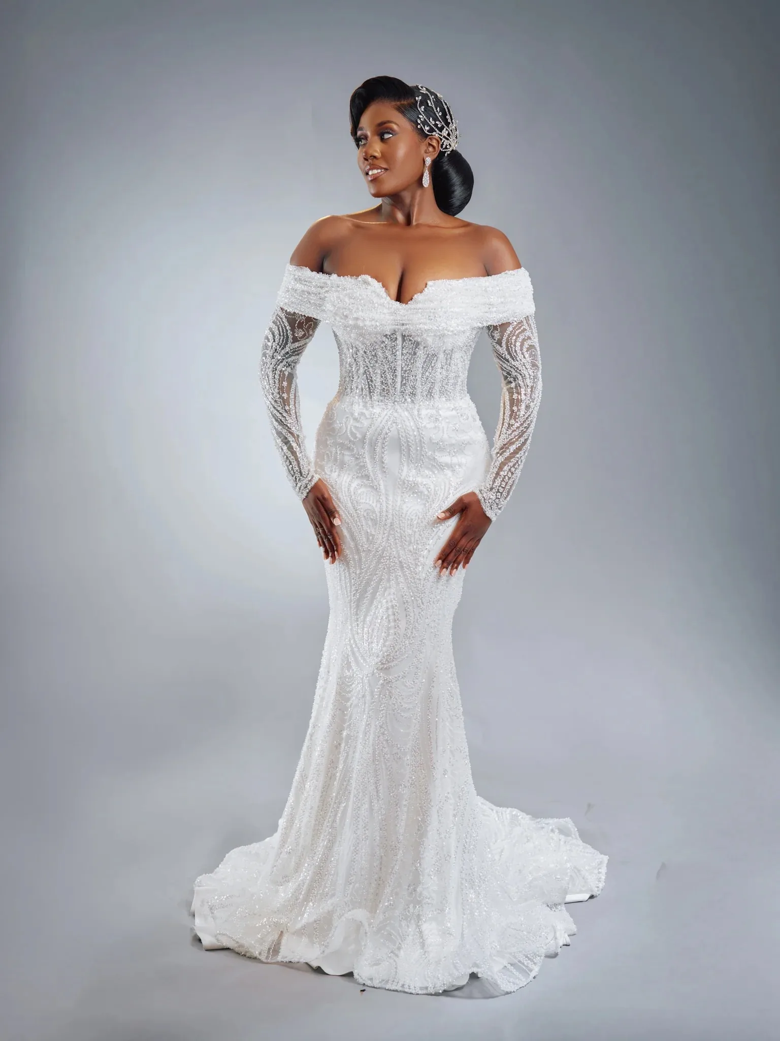 Modern Sequins Wedding Dresses Off Shoulder Mermaid Bridal Gowns with Overskirts Long Sleeves Customized Vestidos De Novia
