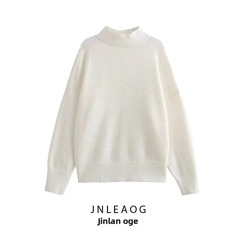 

JNLEAOG Autumn New Women's Faionable Knitted Loose Sweater with Linen Pattern Street Sle f High Collar Polyester Fiber