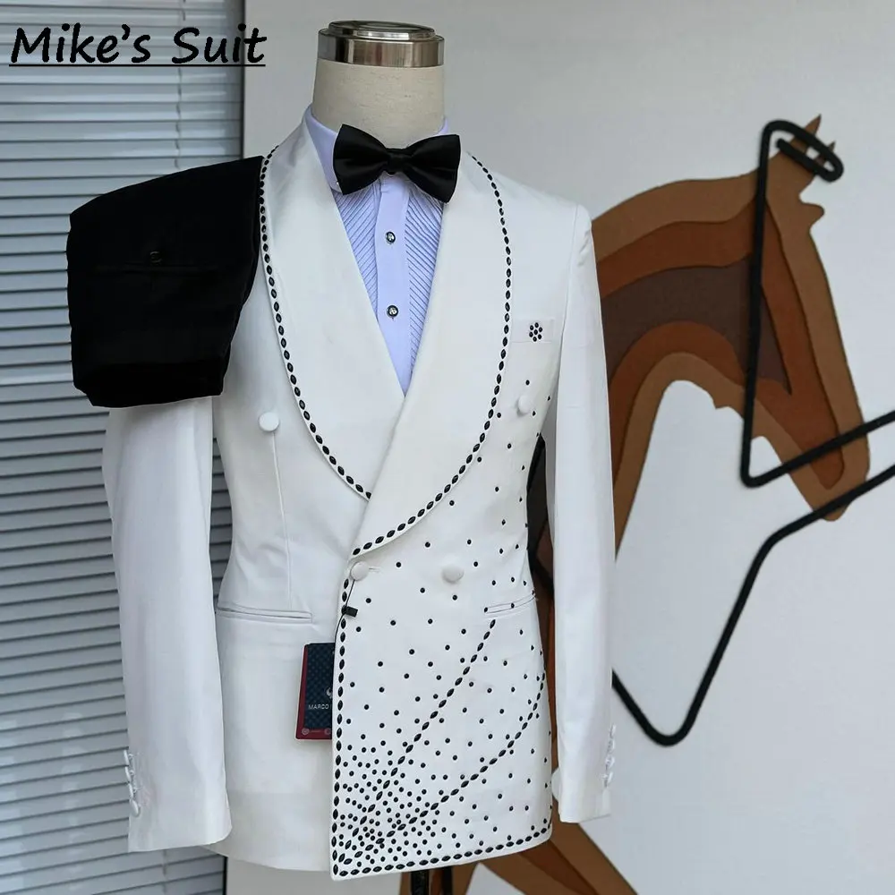 White Wedding Suit Groom Wear Handmade Beading Man's Suits Formal Tuxedo Two Pieces Set Blazer And Pants Traje De Novio
