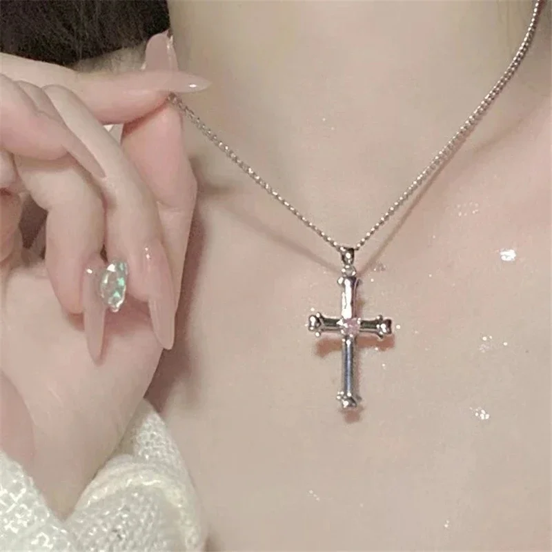 Y2k Cool Star Black Cross Pink Thorns Heart Bowknot Pendant Clavicle Chain Necklace For Women Egirl Men EMO Grunge Jewelry Gift