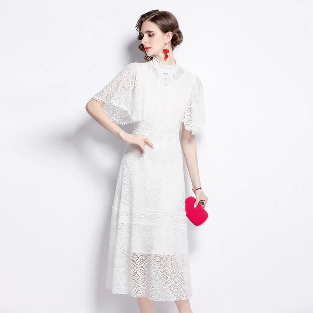 Vestido elegante de encaje blanco para mujer, vestido largo de verano adecuado para banquetes, ocasiones de fiesta de cumpleaños francesa