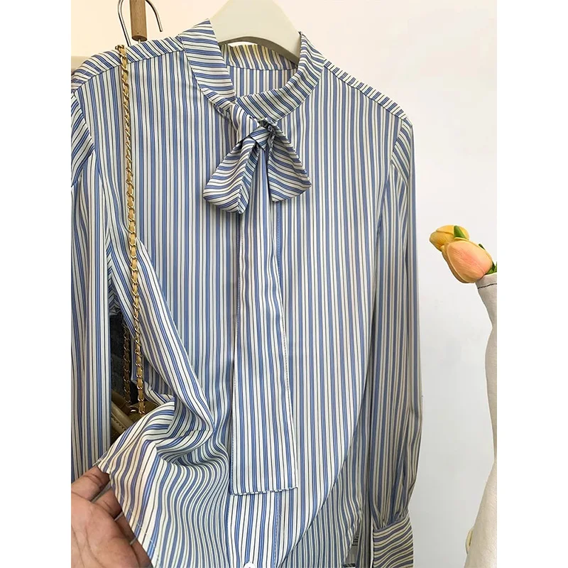 Femme Primavera Estate Moda coreana Colletto con stampa bottoni Camicia da donna Semplicità Cardigan a maniche lunghe a righe alla moda