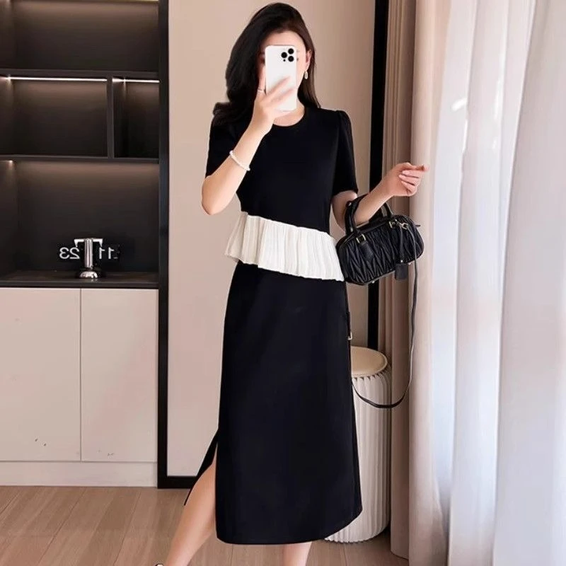 

Женское летнее платье во французском стиле, элегантное, с коротким рукавом, в стиле пэчворк, миди, А-силуэт, с боковым разрезом, приталенное, с эффектом утяжки живота