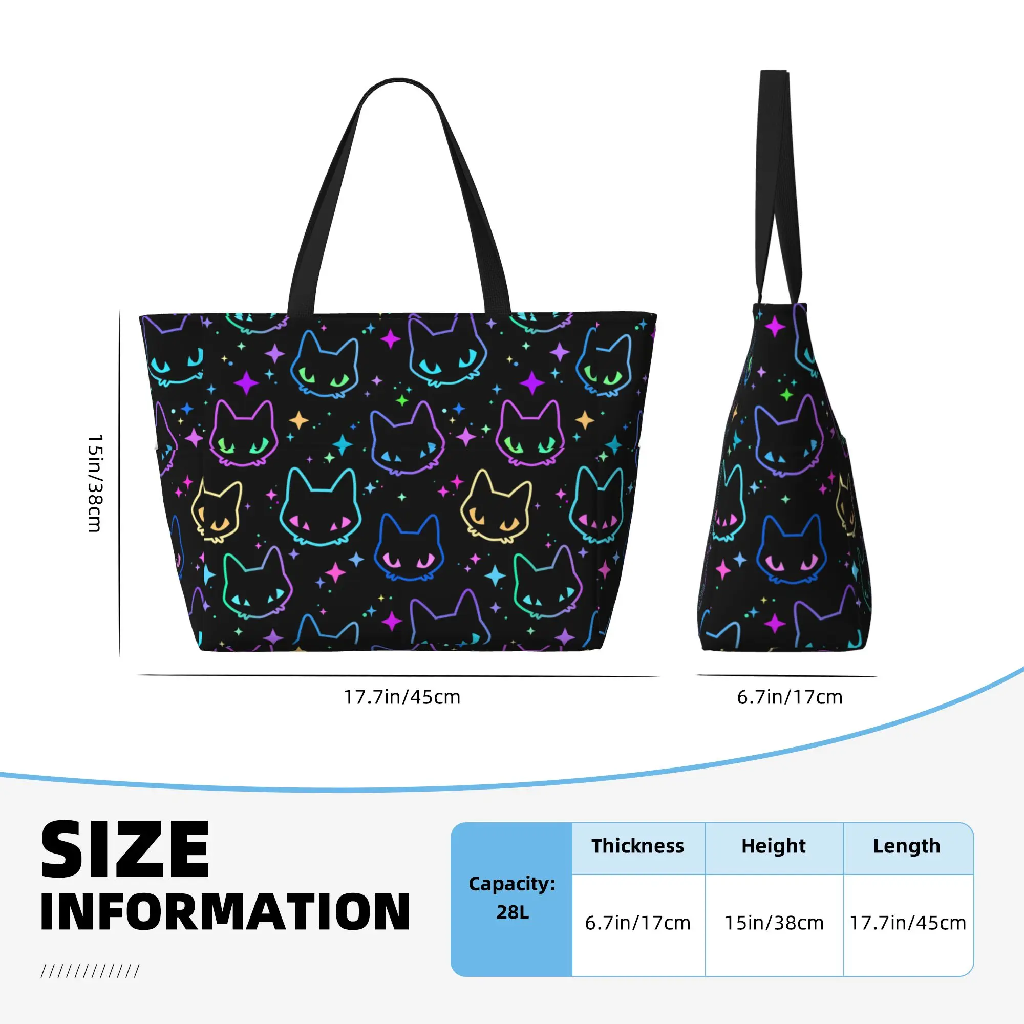 Colorful Neon Cat Heads Large Waterproof Beach Bag for Women Ladies Sandproof Tote Bag Pool Bags for Travel Vacation Gym Swim