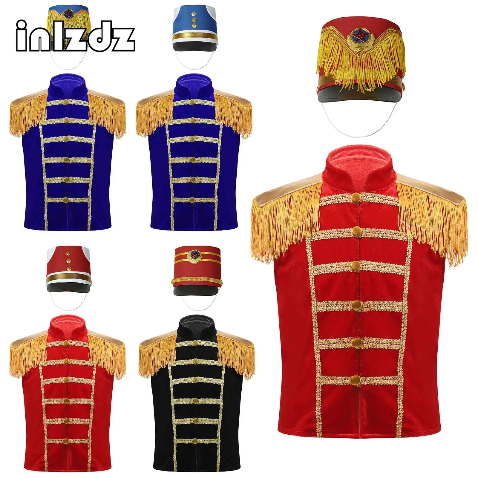 Boys Girls Drummer Major Team Uniform Drum Trumpet Marching Band Outfit Royal Honor Guard Tassel Jacket Coat Vest with Hat Suit