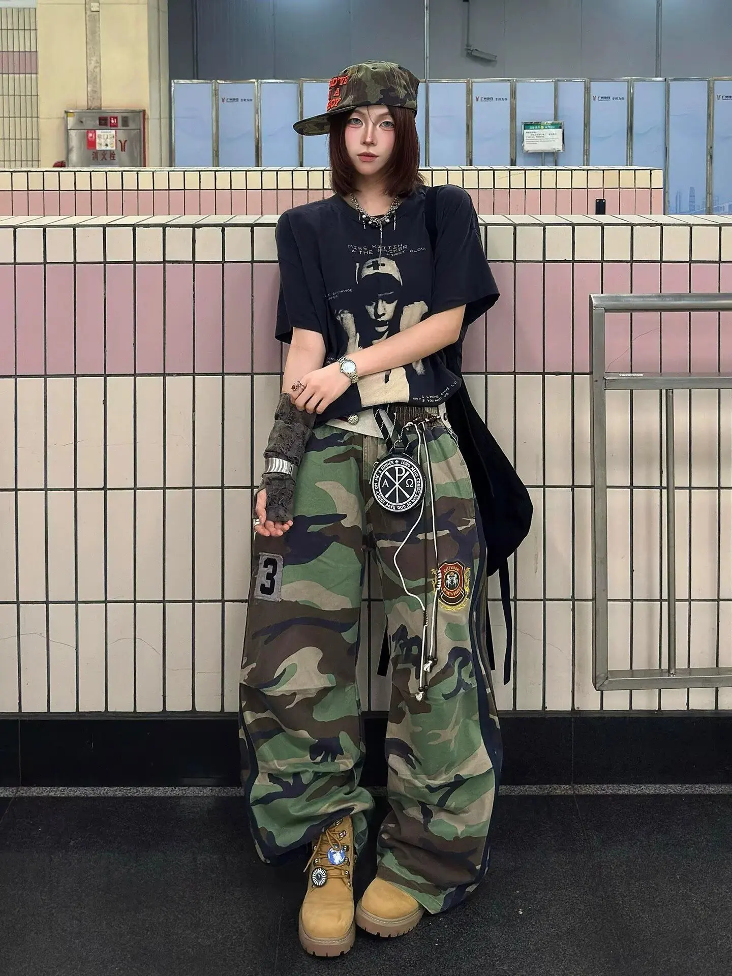 American Camouflage Splicing Leopard Print Jeans Men's Women's Slimming Retro Wide Leg Workwear Pants Floor-Length Trousers