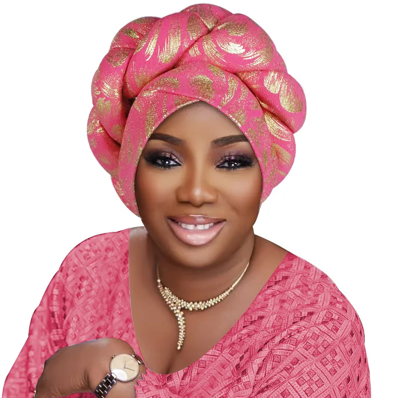 Gorro turbante de tela con estampado dorado para mujer, gorro con trenzas, cubierta para la cabeza para mujer, sombrero musulmán, tocado africano para mujer