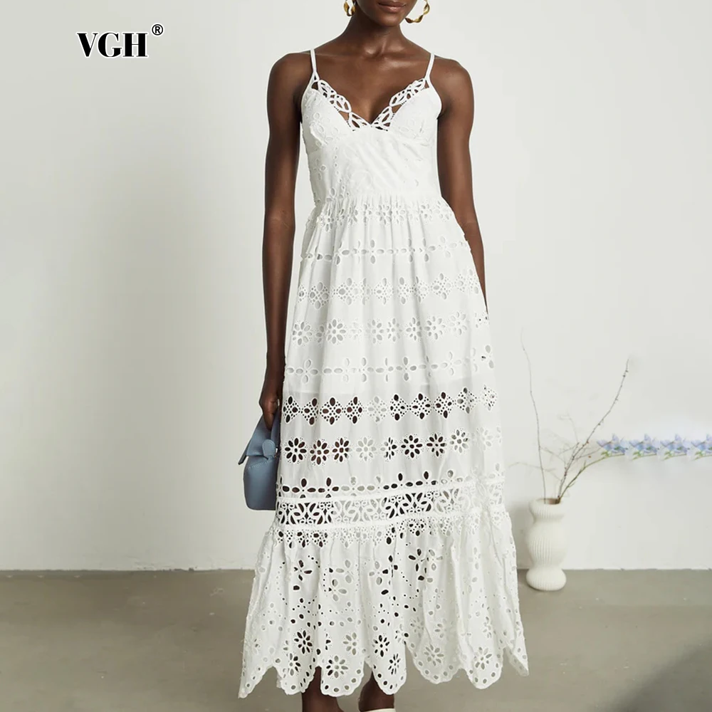 

VGH Embroidery Sexy Backless Camisole Dresses For Women V Neck Sleeveless High Waist Hollow Out Minimalist Dress Female Style