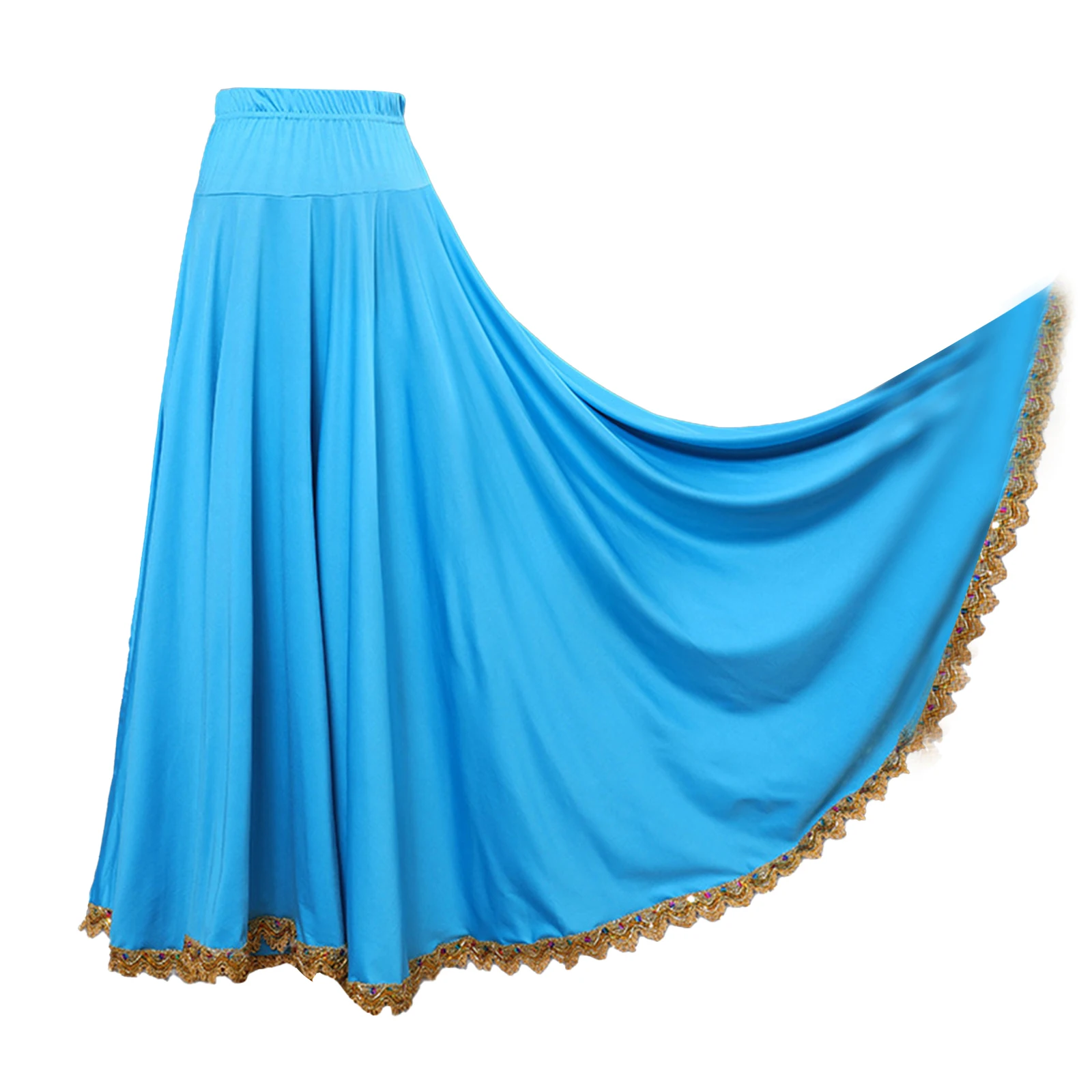 Gonna lunga da donna lirica moderna per danza flamenco, gonna da ballo elastica a vita alta con volant in pizzo per sala da ballo, danza quadrata etnica