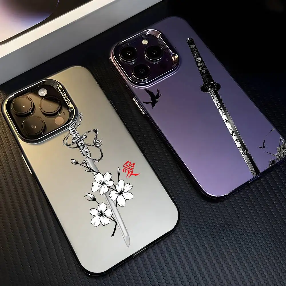 Japan Samurai Schwert Mode Telefon Fall Für IPhone 17 16 15 14 13 12 11 Pro Max Luft Mehrfarbige Matte Laser metallic Aurora Funda