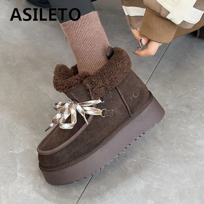 

Матовые женские зимние сапоги ASILETO из коровьей кожи с круглым носком на толстом каблуке 5 см со шнуровкой, теплые плюшевые короткие сапоги, Уличная Повседневная обувь