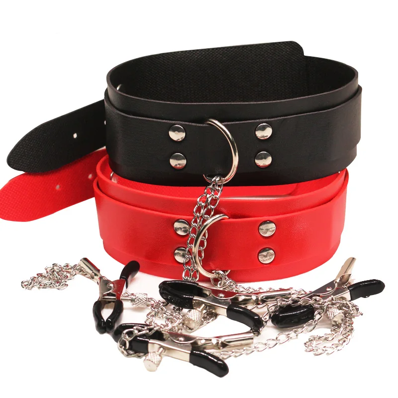 New Leather Choker Collar With Metal Nipple Breast Clamp Clip Chain Couple SM Sex Toys For Woman Sex Tools Adult Games Fetish