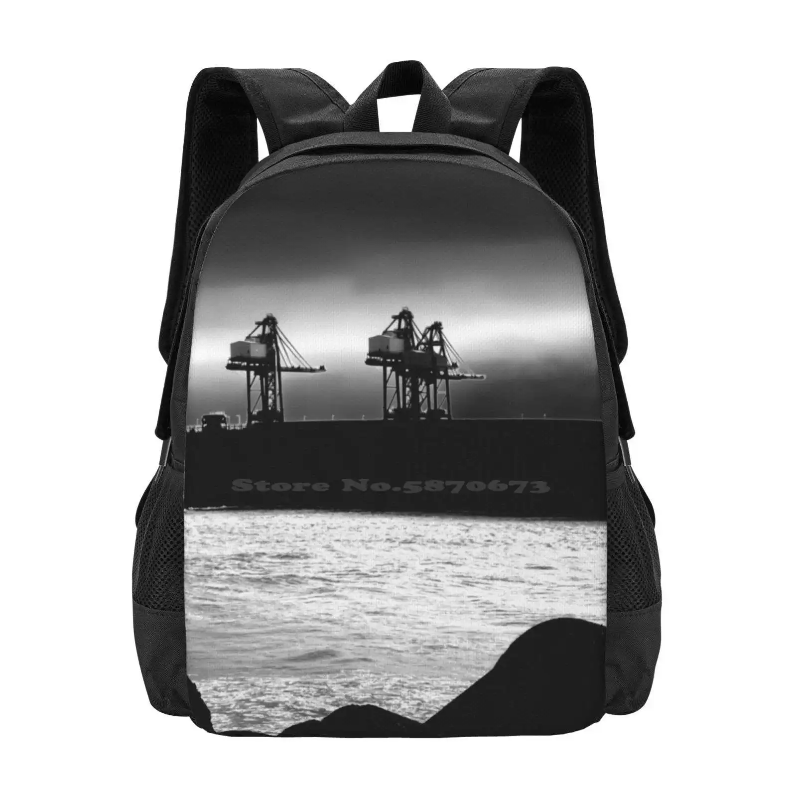 Cranes At Port Talbot Docks Backpack For Student School Laptop Travel Bag Cranes Port Talbot Docks Dockyard Black And White