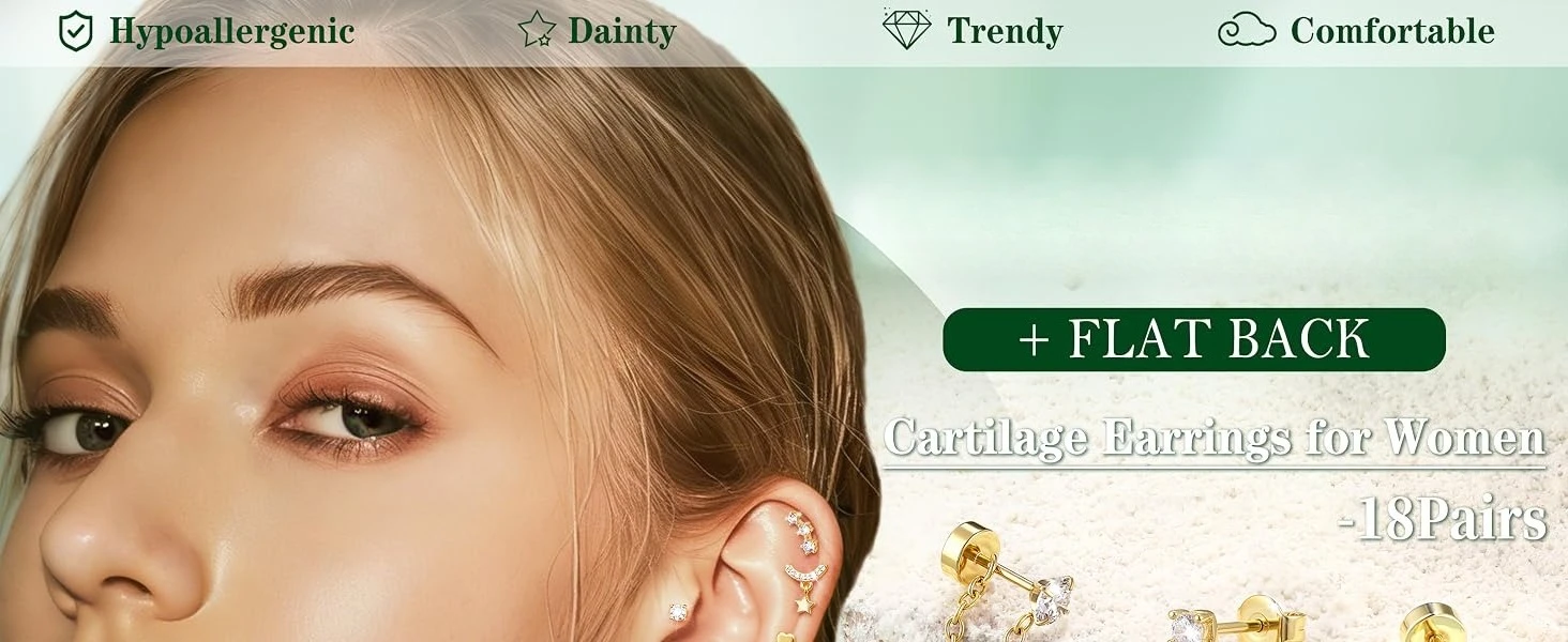 18 Pairs Hypoallergenic Flat Back Earrings Cartilage Earring Stacks 14K Gold Plated Surgical Steel, Dainty Small Hoops Earrings Set for Sensitive Ears Women's Jewelry Gift