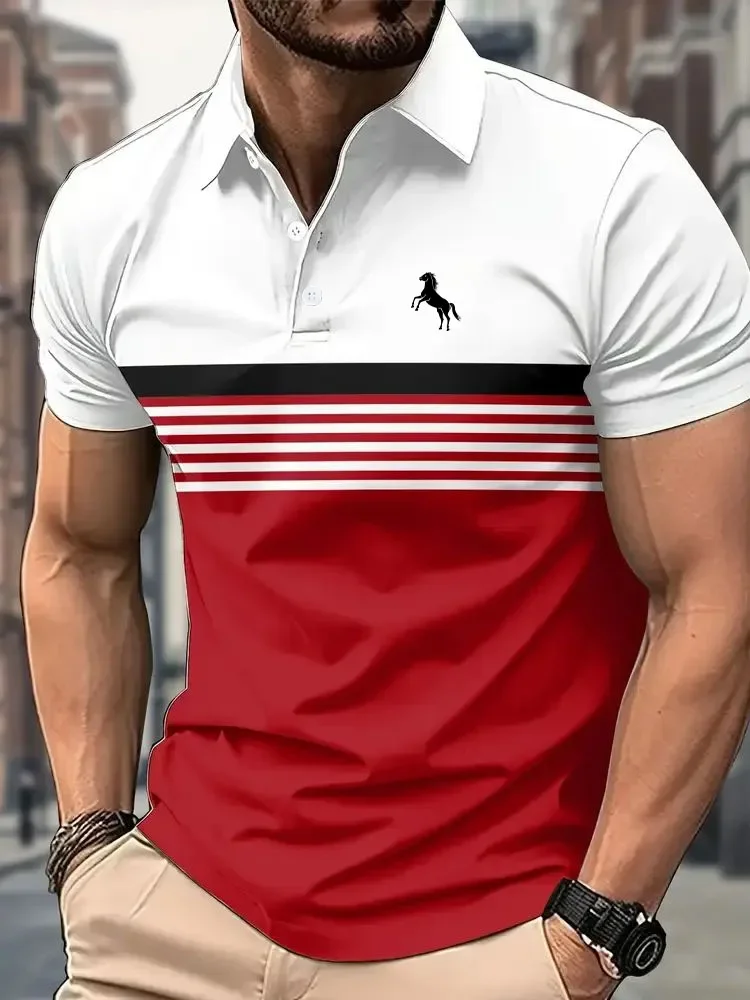 Men's Casual Short Sleeve Polo Shirt with 3D Horse Print Striped Color Block Design Sporty Style Collared Golf Shirt for Summer image 4