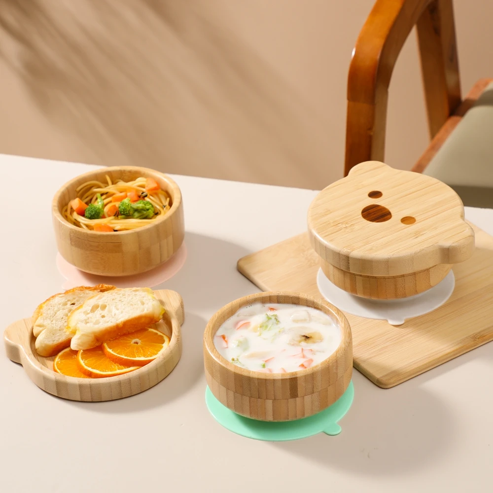 3PCS Set Wooden Baby Feeding Tableware Set Silicone BPA Free Children Bear Tableware Plate Bow For Kids Bamboo Bowl With Suction