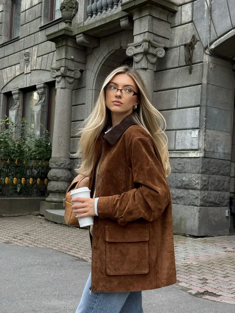 Ladies Vintage Suede Midi Jacket Corduroy Collar Oversized Brown Cargo Pocket Button Up Casual Lady Coat Fall Winter Outerwear