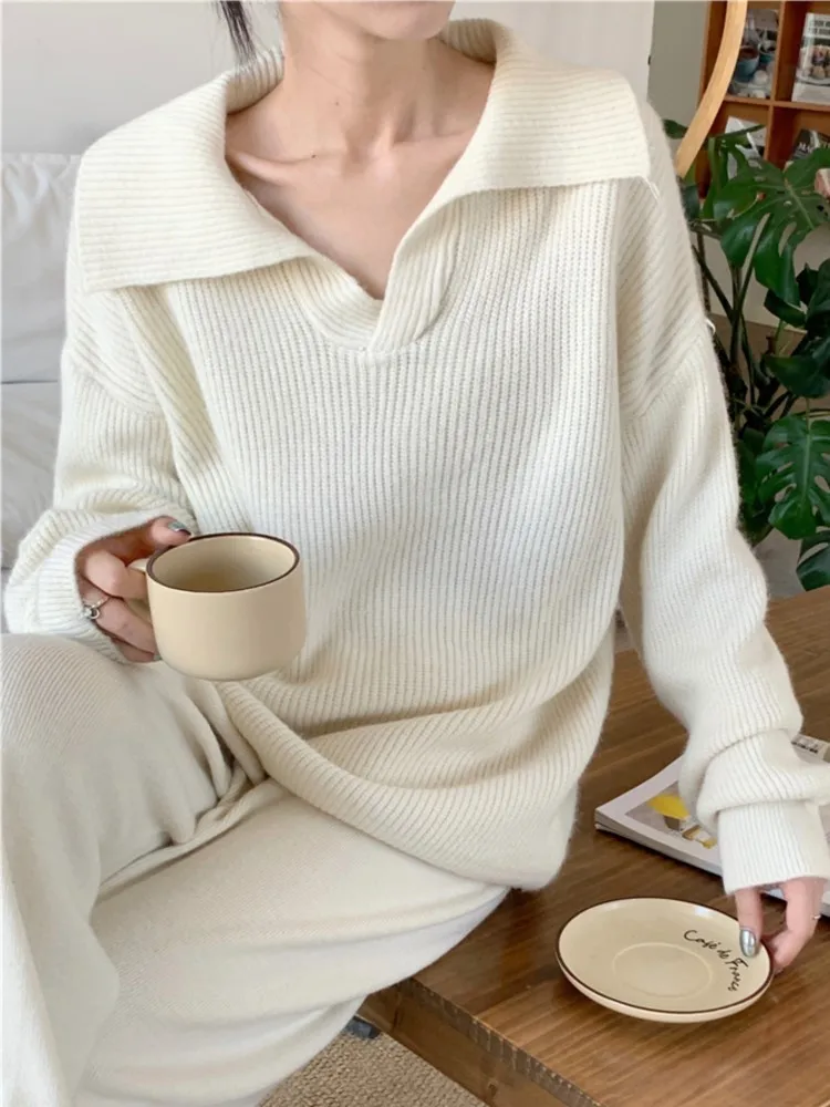 

Elegant Knitted Two-piece Pantsuits Women New Fashion Solid Sweater Tops Wide Leg Casual Pants Autumn Y2K Slim Fit Outfits