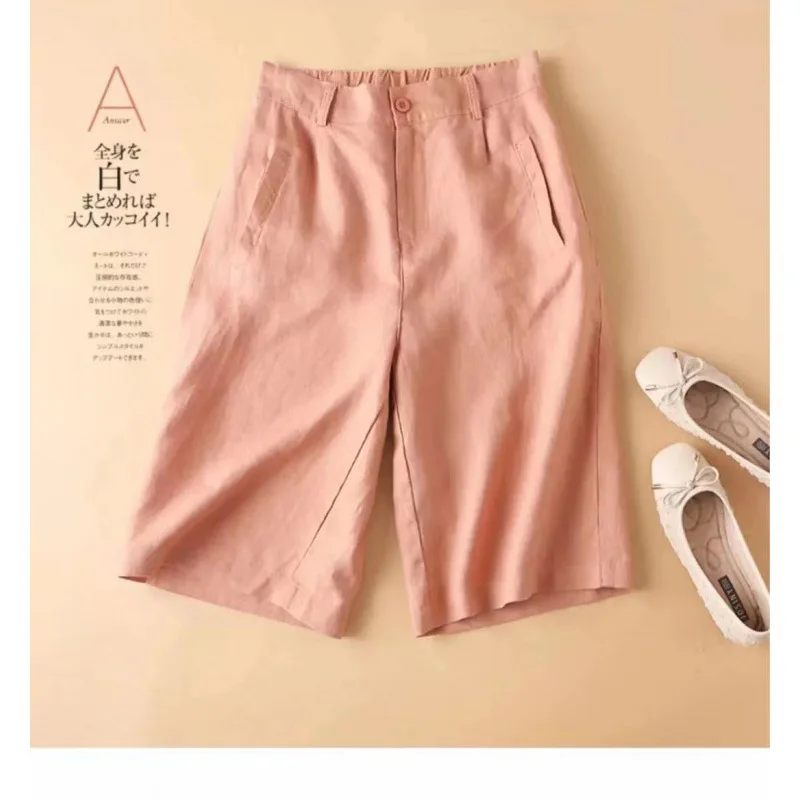 Linho Shorts de verão das mulheres Casual Elástico na cintura Branco Shorts Sólido Básico Loose Wide Leg Algodão Linho Mulheres Cintura Alta Curto