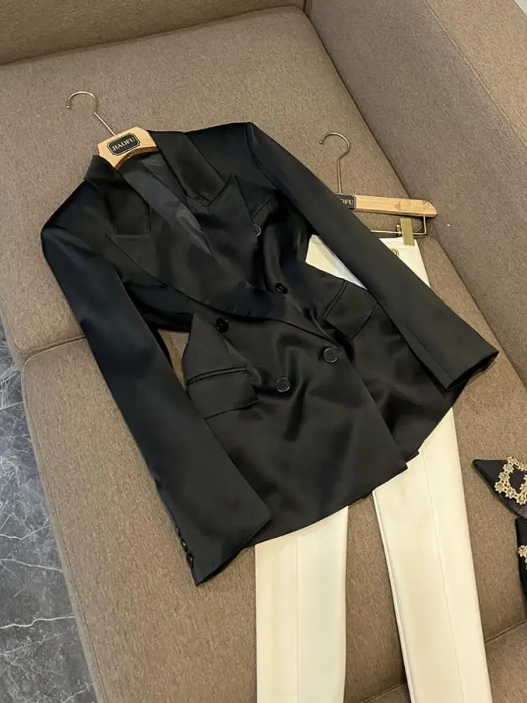 

Коврик Двубортный дизайн Шелковый атлас с подкладкой на плечах Длинный све Женский костюм Верхняя одежда Осень Зима Для поездок на работу Sle