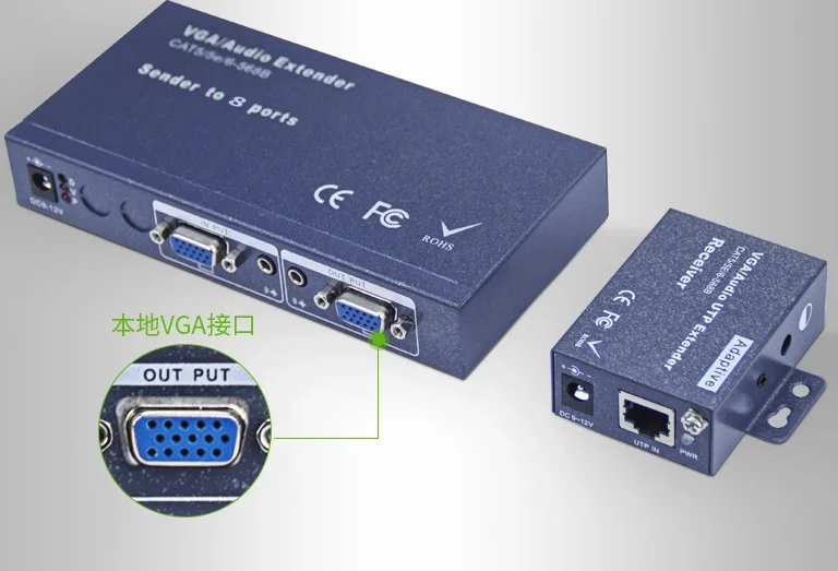 8 Ports Audio Video VGA Extender Sender VGA Video Audio Over UTP Splitter 1x8 350MHz 1600x1200