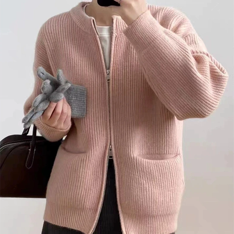 

Women Double Zipper Knitted Jacket Autumn Winter Loose Long Sleeve Cardigan Tops Woman Simple Solid Color O-neck Sweater Coat