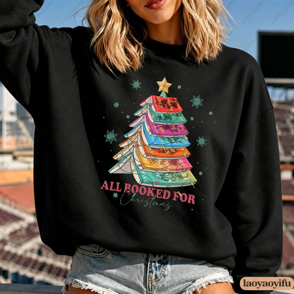Book Lover Christmas Sweatshirt All Booked for Christmas Tree Graphic Pink Pullover Funny Bookish Xmas Gift for Reader Hoodies