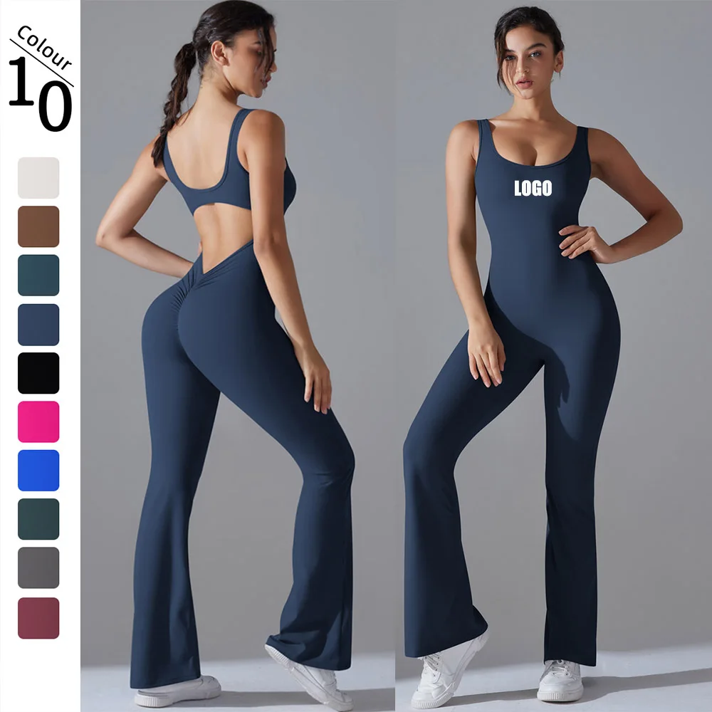 Custom LOGO women's beautiful back and hip lift long slim wide-leg jumpsuit sports running fitness one-piece yoga suit