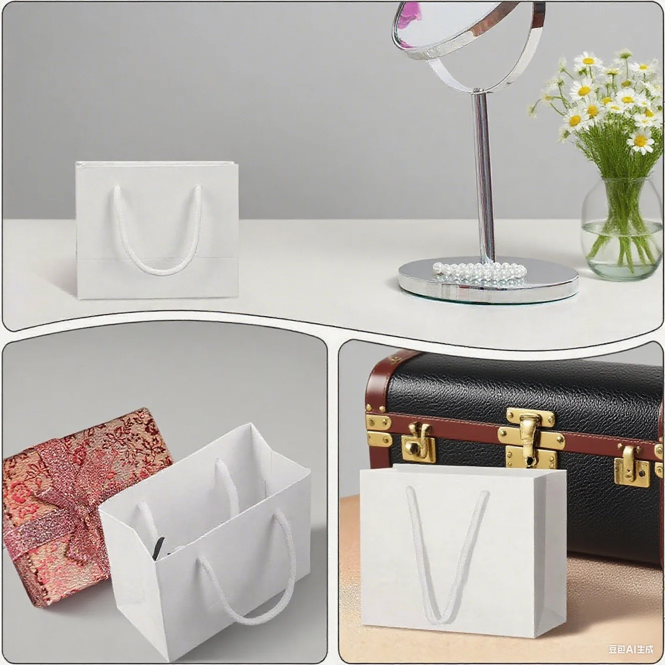 10 Stück dicke kleine Geschenktüten mit Griff für Hochzeit, Babyparty, Geburtstag, Party, Gastgeschenk, Schmuck, Verpackungstüten, weiß, schwarz – Detail 9