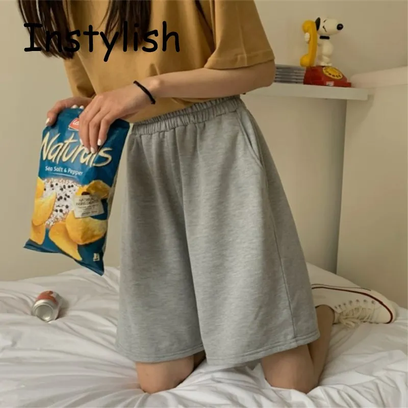 

Short Sweatpants Elegant Korean Harajuku Loose Shorts Elasticity Lovely Girls Knee Length Pants Sweet Students Oversize Shorts