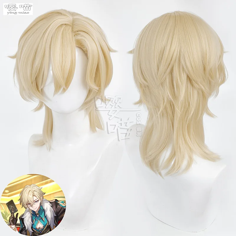 Aventurina cosplay peruca jogo honkai: star rail 35cm ouro resistente ao calor cabelo sintético anime cosplay perucas halloween masculino feminino peruca