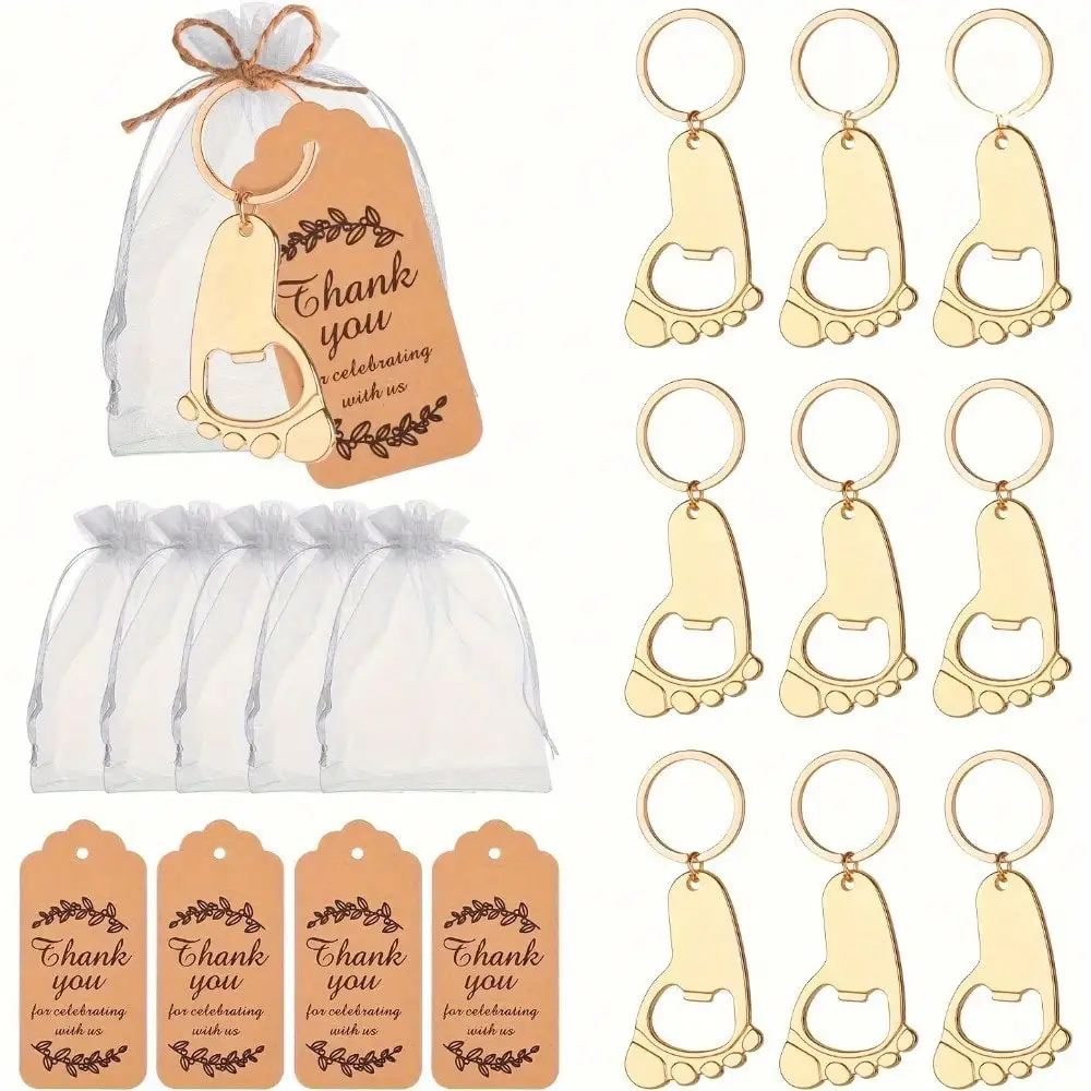 30-piece set - 10 sets of shoe keychain bottle opener set, cute footprint keychains, includes shoe keychains, drawstring bag, an