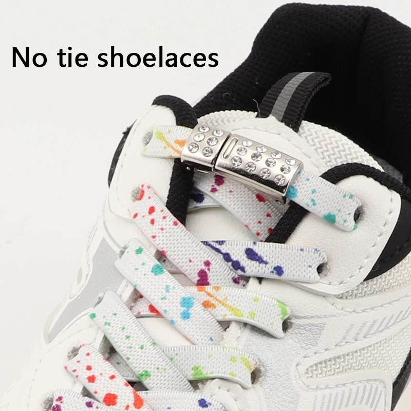 Diamant Magnetische Schoenveters Zonder Stropdassen Platte Kleurrijke Elastische Veters Sneakers Kids Volwassenen Spatten Inktveters Met Metalen Gespen