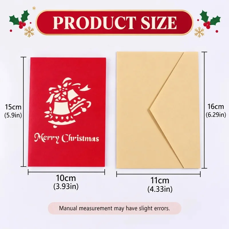 3D Pop-up Christmas Card, Christmas Bell Pattern, Xmas Tree Inner Scene, With Envelope For Holiday Wishes Perfect Gift