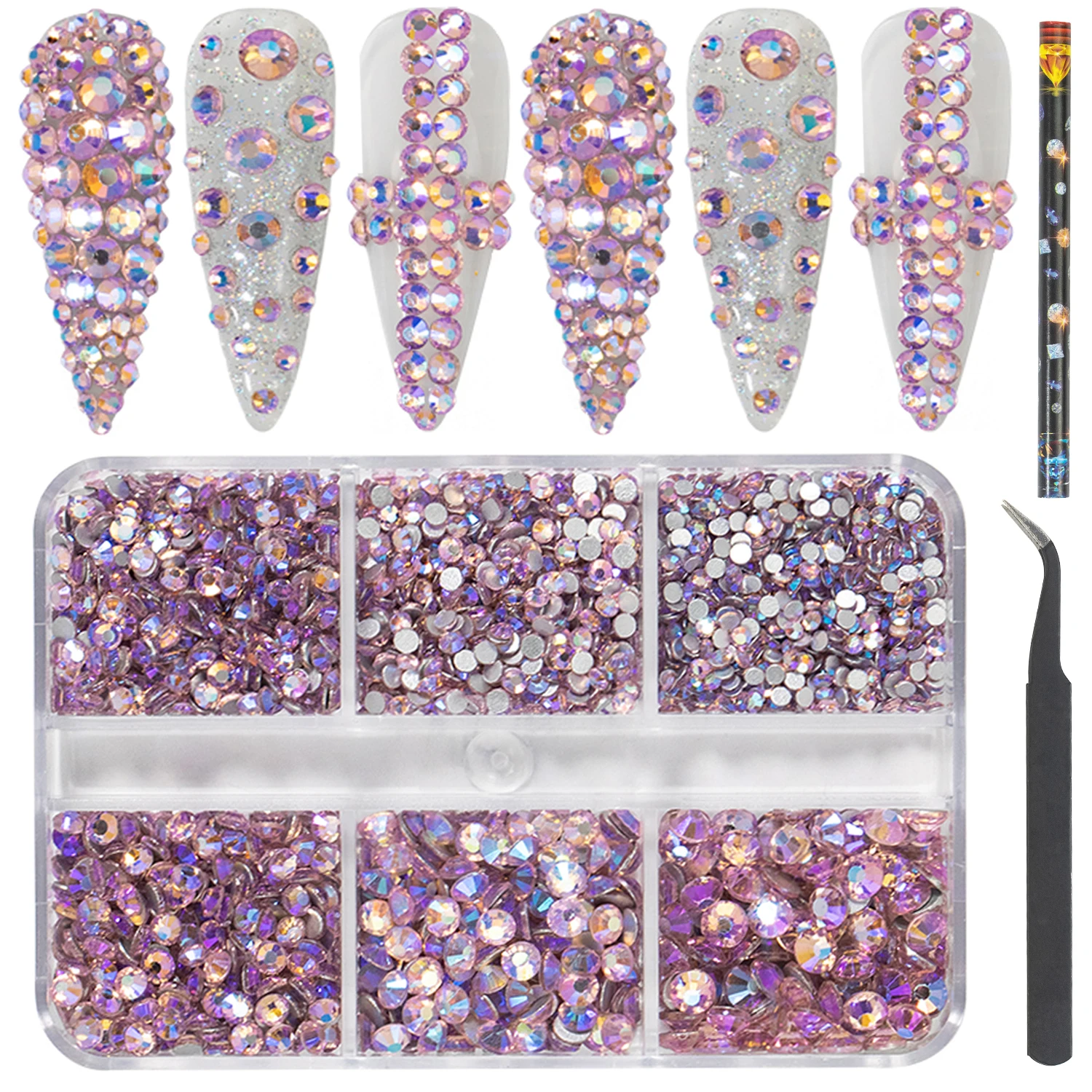 

HNUIX Luxury Shini 3D Pink Diamond AB multi-size Nail Rhinestones Charms Flat Bottom Crystals Nail Art 3D Decoration Gem Kit