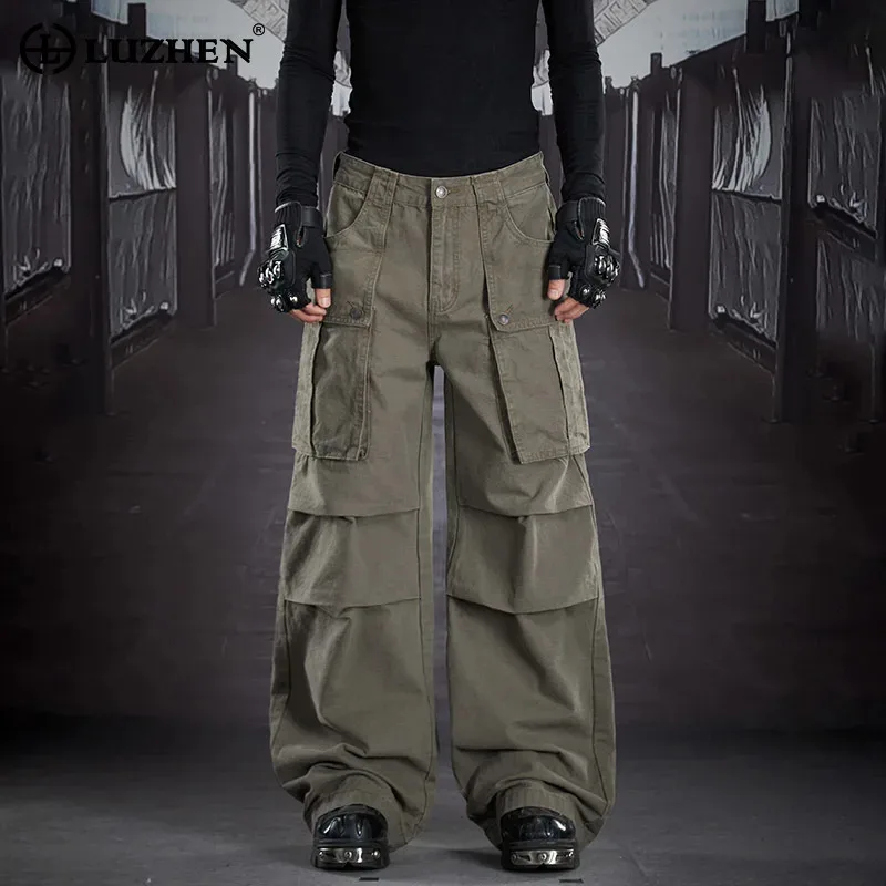 LUZHEN 2026 New Original Pleated Design Multi Pockets Decorate Straight Cargo Pants Men Solid Color Casual Trousers Male JY5908