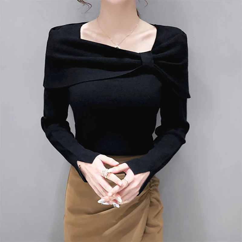 Autumn Winter Elegant Fashion Bow Sweater Ladies Slim Solid Color Slit Knitting Pullovers Women\'s Vintage All-match Jumpers Top