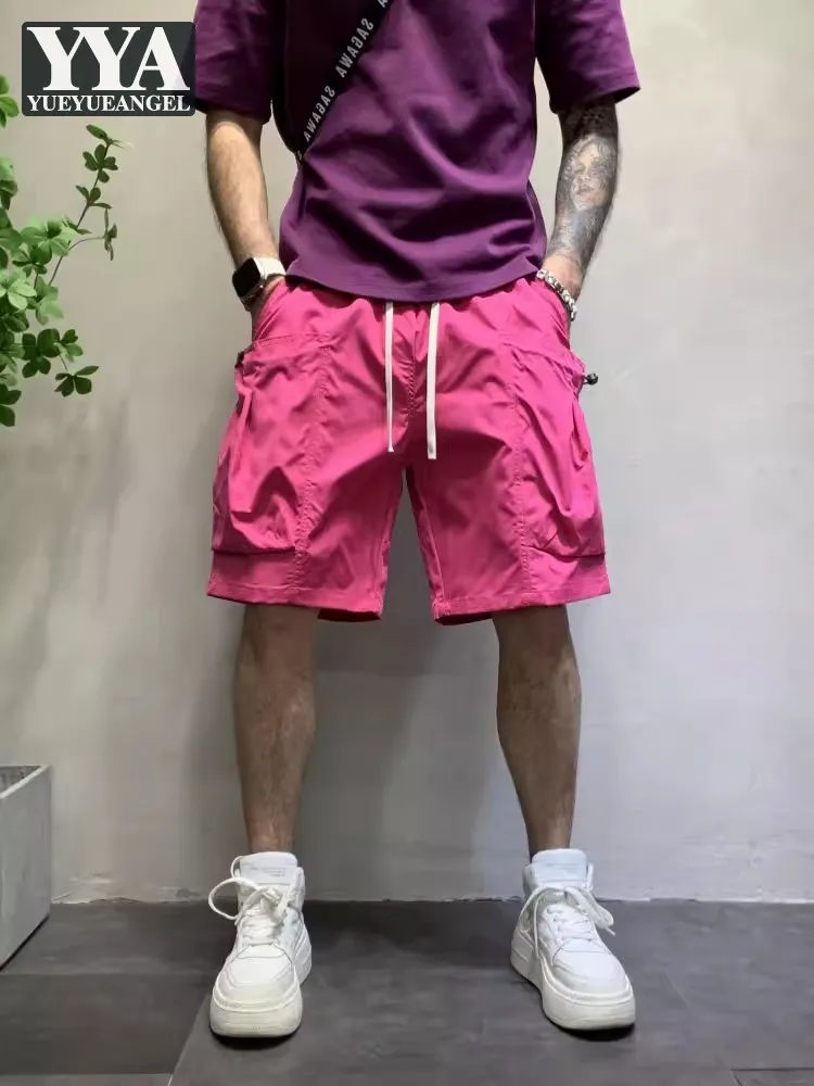 New Summer Beach Shorts Fashion Candy Color Big Pocket Mens Cargo Shorts Casual High Street Loose Fit Knee Length Trousers Male