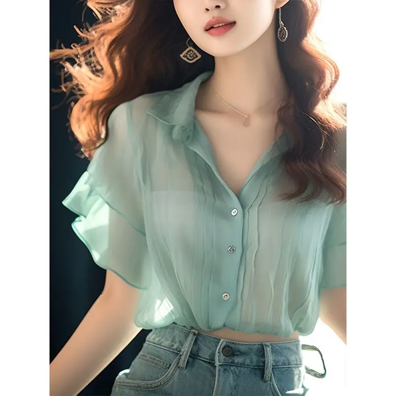 Summer New Women\'s Thin Style Blouse Polo-Neck Button Solid Color Spliced Ruffles Short Sleeve Fashion Loose All-match Shirt Top